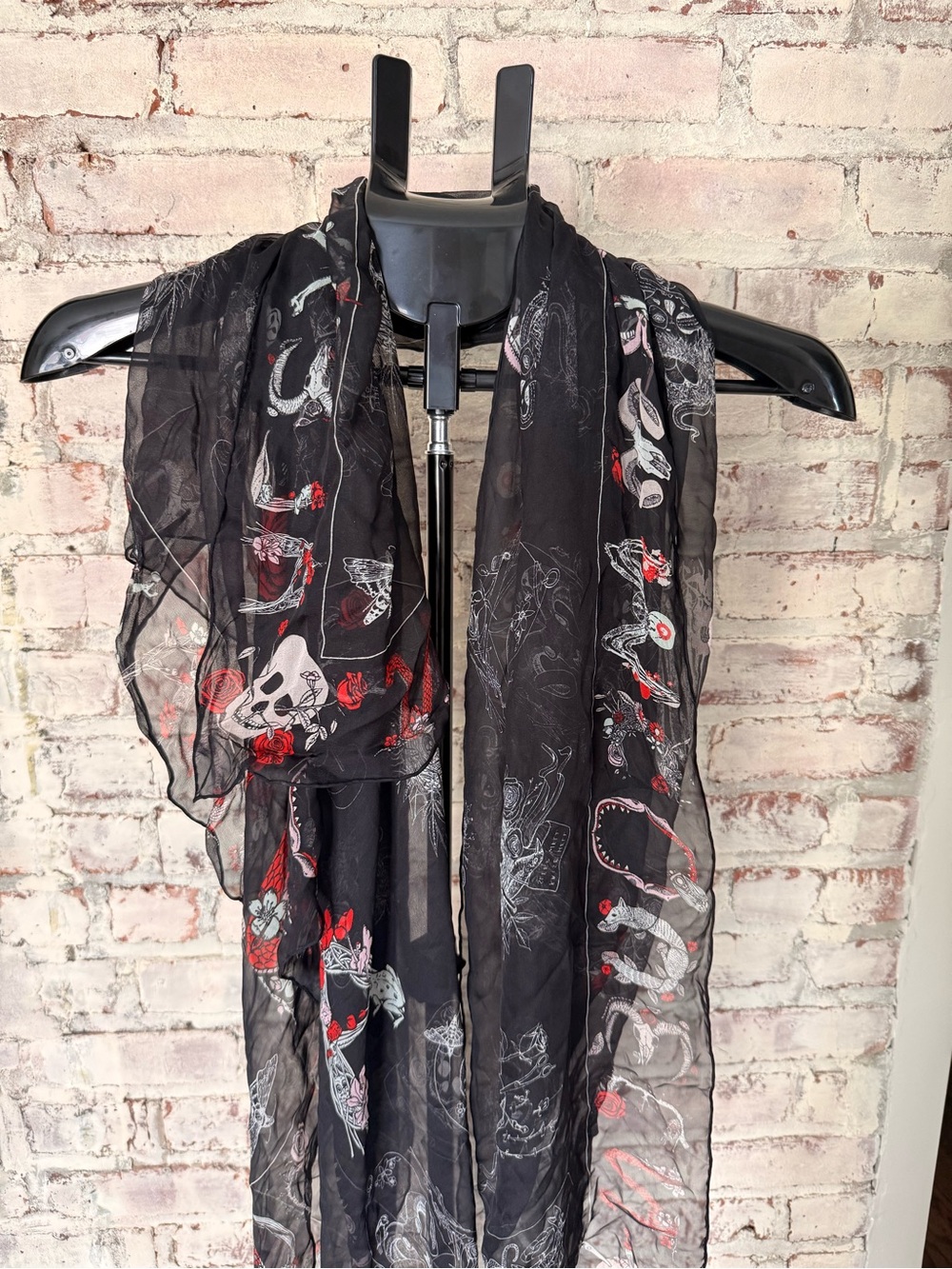 Alexander McQueen Black Sheer Skull & Floral Print Scarf with Red Accents